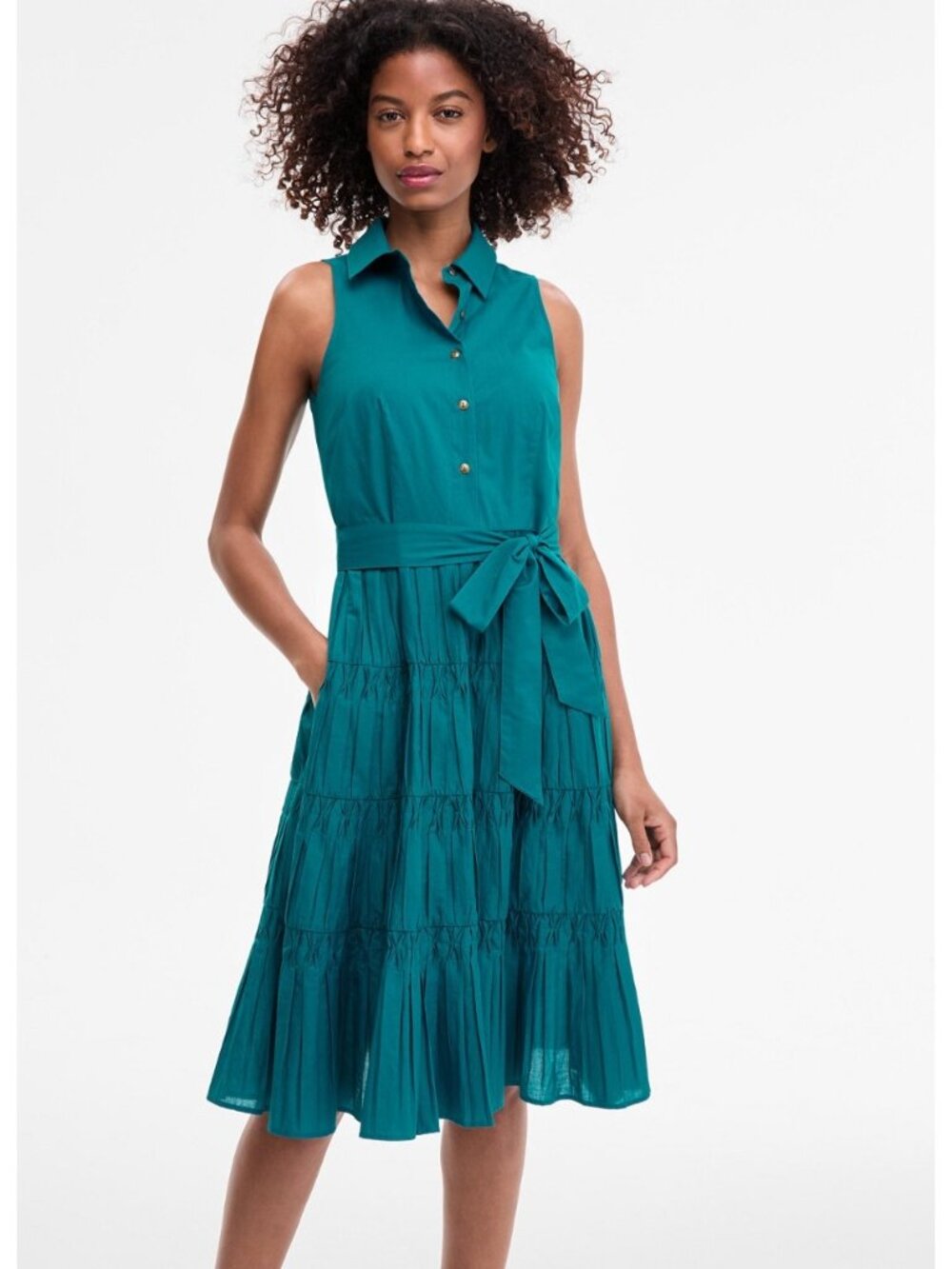 Anne Klein Teal Sleeveless Belted Midi Shirt Dress With Tiered Skirt -